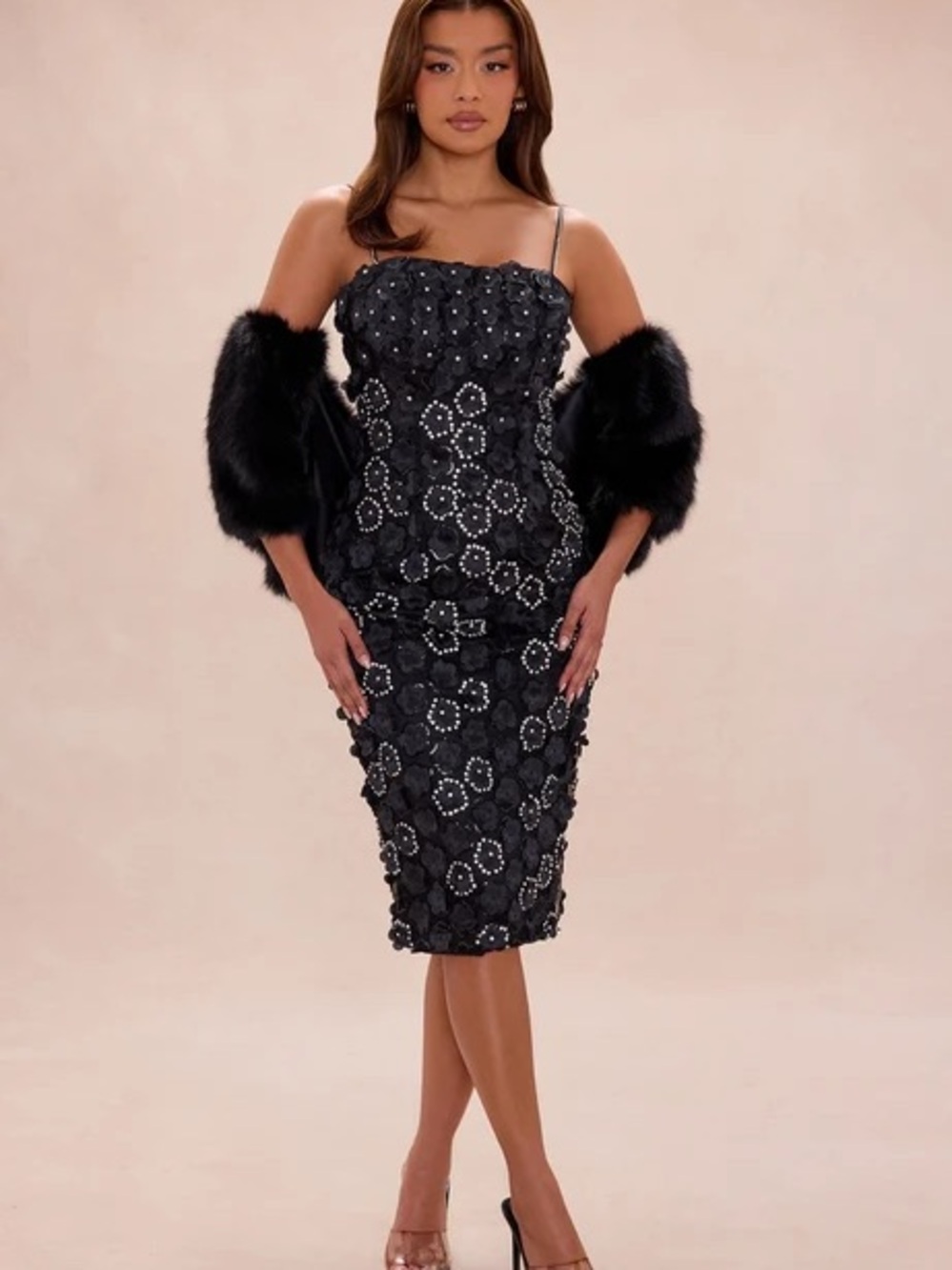 Fashion Nova Black Floral Beaded Midi Dress with Spaghetti Straps